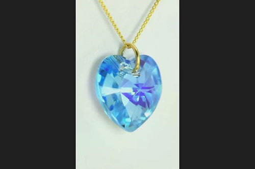 Aquamarine crystal March birthstone necklace gold heart pendant