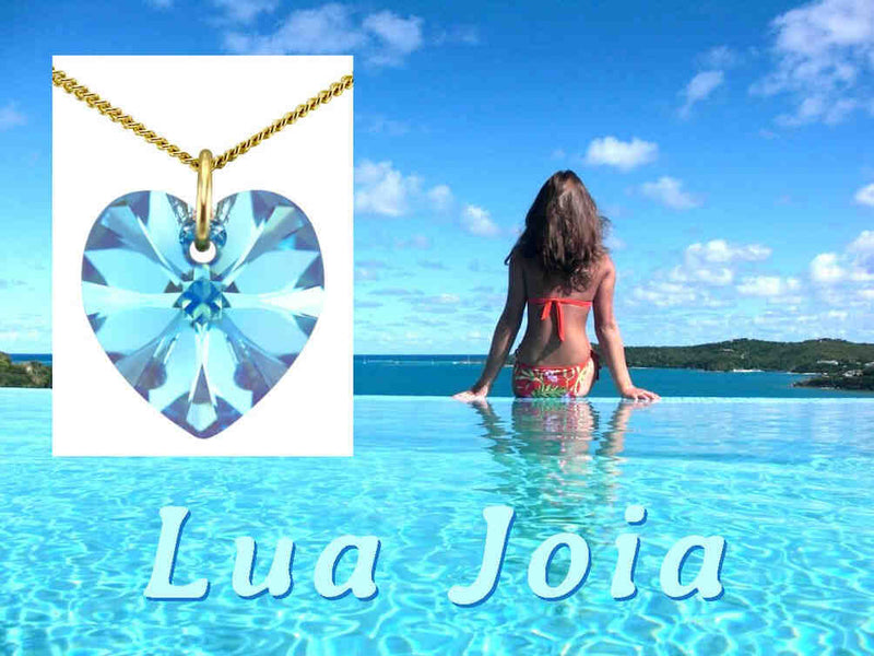 Blue crystal pendant 9ct gold heart necklace UK