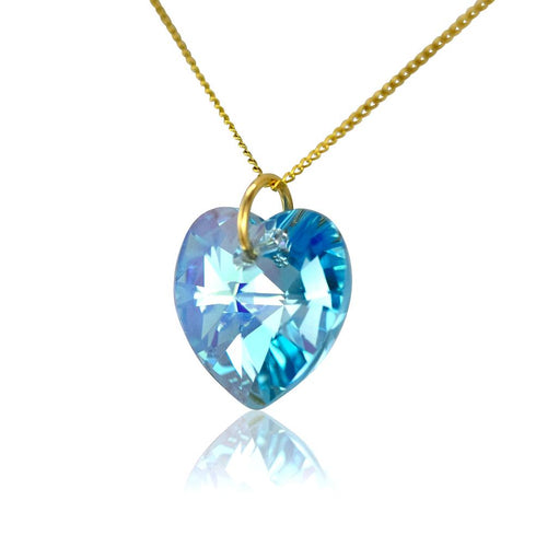 Blue swarovski crystal jewellery 9ct gold heart necklace UK