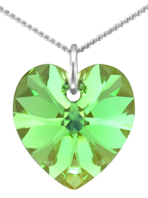 Green Peridot crystal August birthstone necklace silver heart pendant