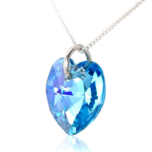 Blue crystal necklace for women silver heart pendant