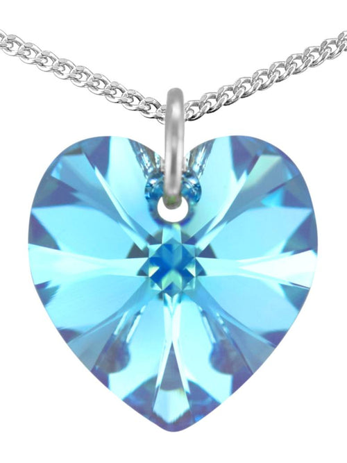 Aquamarine crystal March birthstone necklace silver heart pendant
