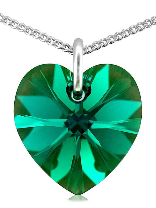 Green emerald crystal May birthstone necklace silver heart pendant