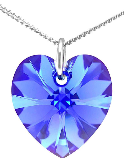 Blue sapphire crystal September birthstone necklace silver heart pendant